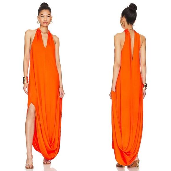 cult gaia Dresses & Skirts - Cult Gaia Luna Gold Tone Neck Collar and Wristlet Poppy Orange Maxi Dress Sz S